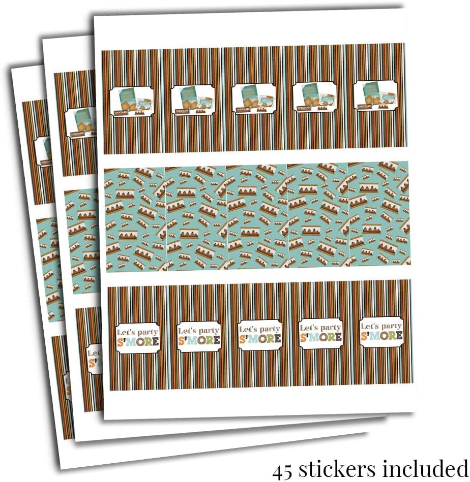 S'more Fun With Friends S'mores Birthday Mini Chocolate Candy Bar Sticker Wrappers for Kids, 45 1.4" x 2.6" Wrap Around Labels by AmandaCreation, Great for Party Favors