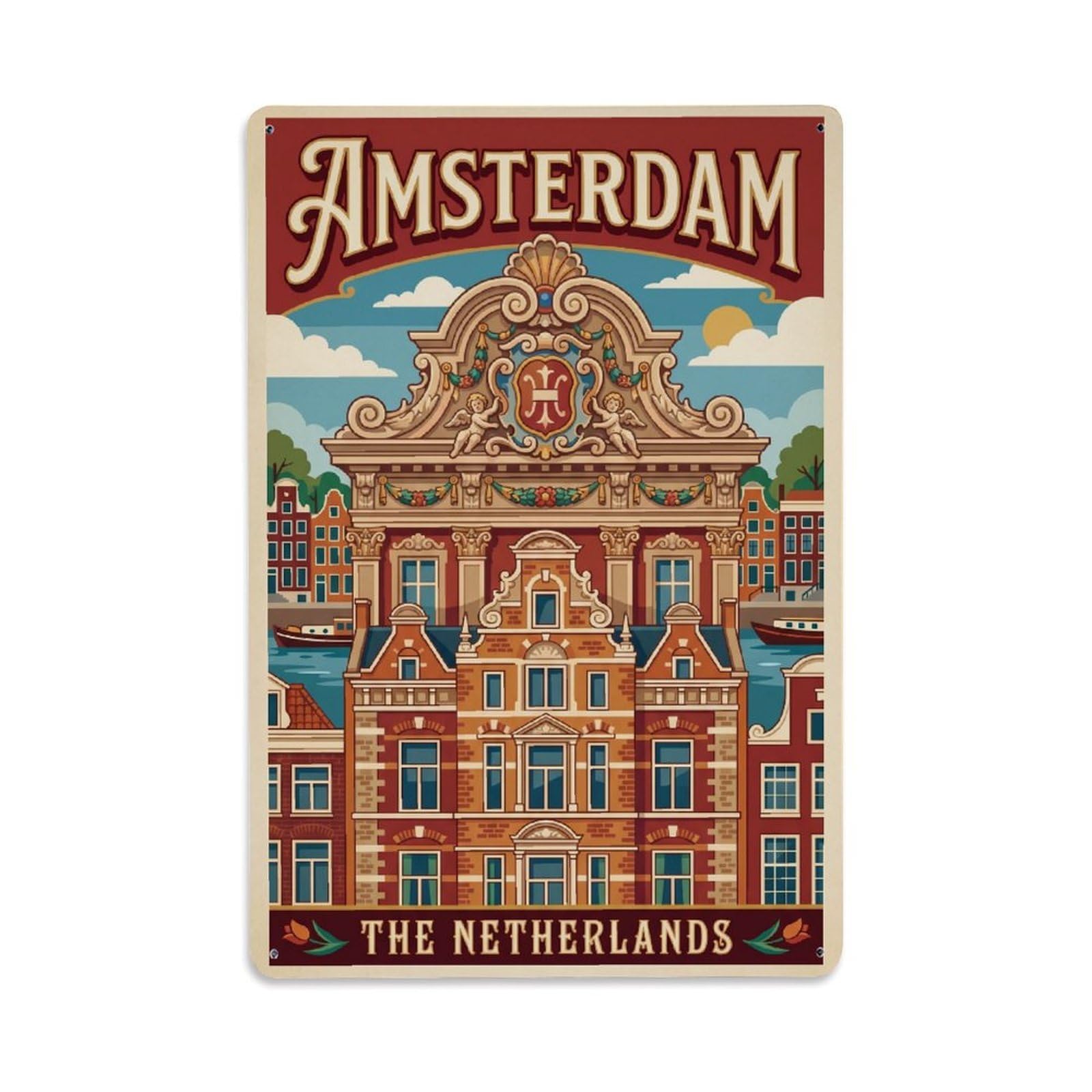 Vintage Travel Pediment Netherlands Ornate Metal Tin Sign