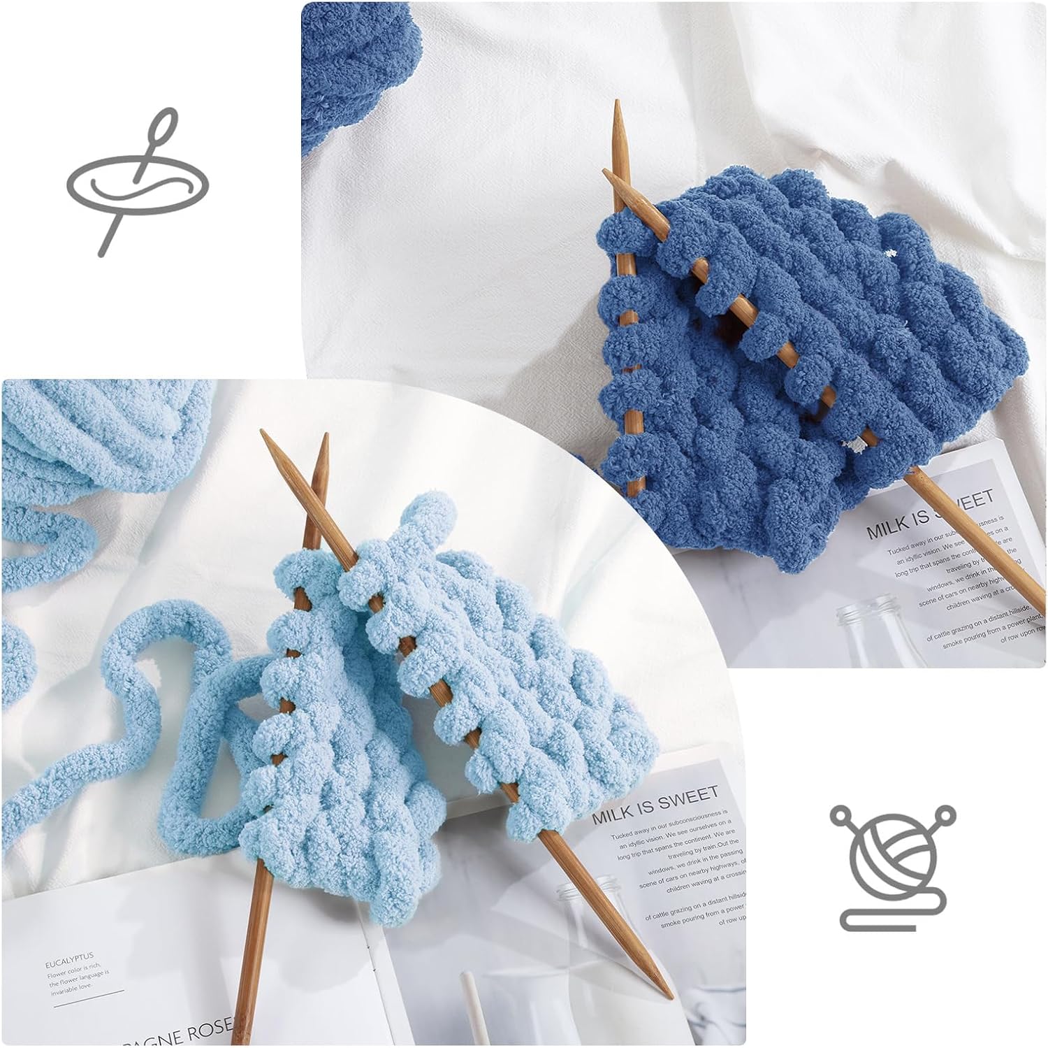 HOMBYS Chunky Chenille Yarn for Crocheting, Super Bulky Jumbo Yarn for Hand Knitting, 3/4" Thick Soft Plush Yarn for Blankets, 8 Skein Pack (27 yds / 8 oz Each), Multi Assorted Blue