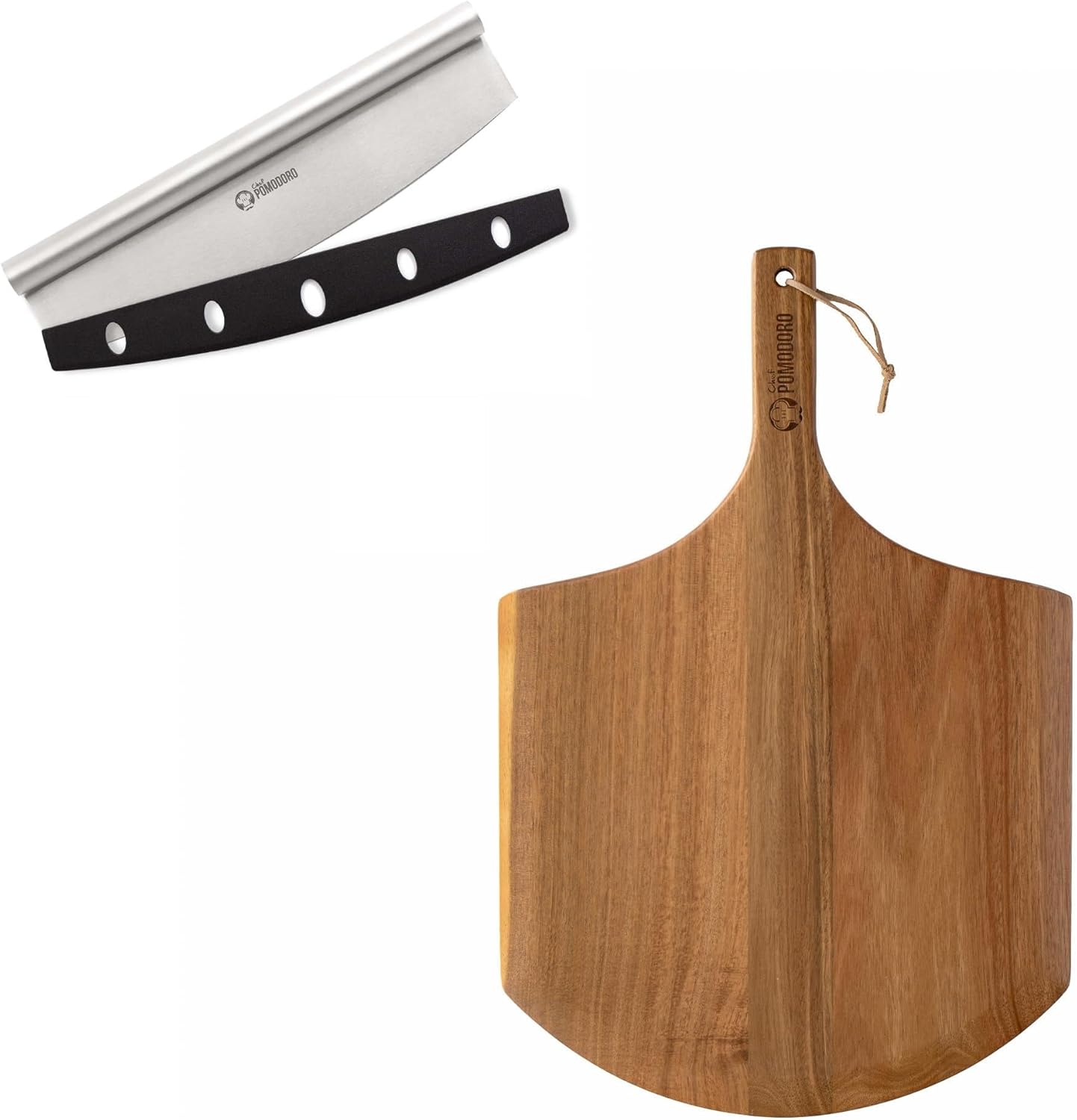 Chef Pomodoro Bundle - Pizza Cutter Rocker Knife with Protective Cover Multipurpose 14 Inch Mezzaluna Chopper and 14-inch Acacia Pizza Peel Homemade Wood Pizza Peel