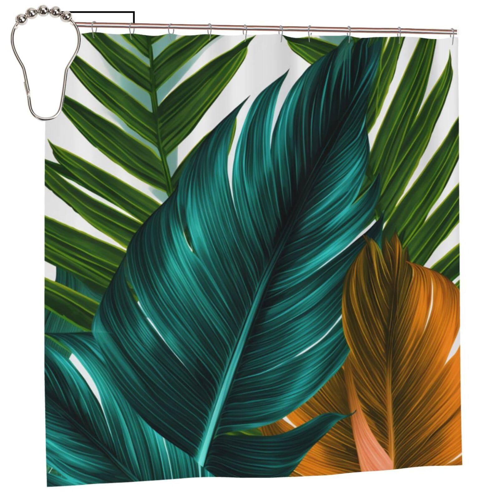 BWWHCCTI Tropical Palm Tree Leaf Printed Shower Curtain With 12 Iron Hooks Opaque Quick Drying Waterproof Shower Curtains Sets For Bathroom 183x183 CM