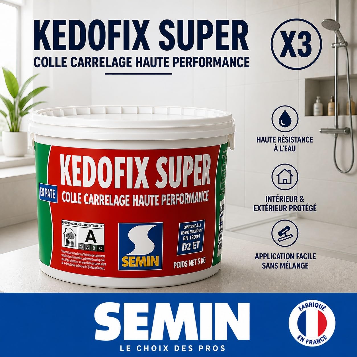 Semin KEDOFIX SUPER Colle Carrelage Murale- 3 X 5 kg – Prête à l’Emploi Sans Ciment – Intérieur & Extérieur Protégé – Haute Résistance à l’Eau – Spécial Pièces Humides – Faïence, Pierre, Pâte de Verre