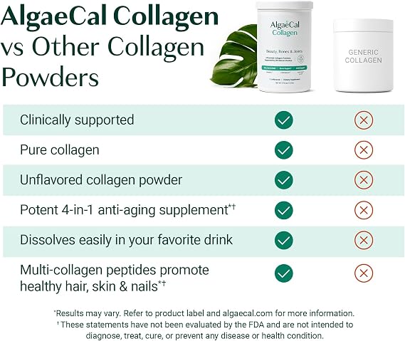 مجموعة ALGAECAL لبناء العظام والكولاجين: كولاجين مدعوم سريريًا مع Verisol وFortibone وFortigel + كالسيوم نباتي وسترونشيوم وD3 وK2 ومغنيسيوم و16 عنصرًا غذائيًا للجمال وصحة العظام