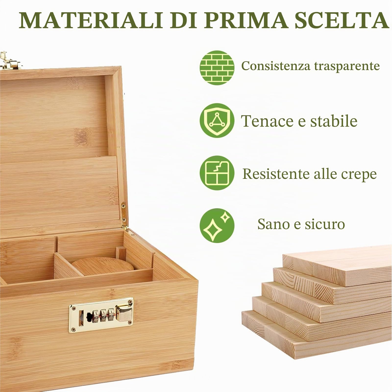 HAMON Grande scatola di bambù con serratura a combinazione, set di scatole portaoggetti in legno, con contenitore in vetro e vassoio, regalo per uomini (26 x 18 x 13 cm)
