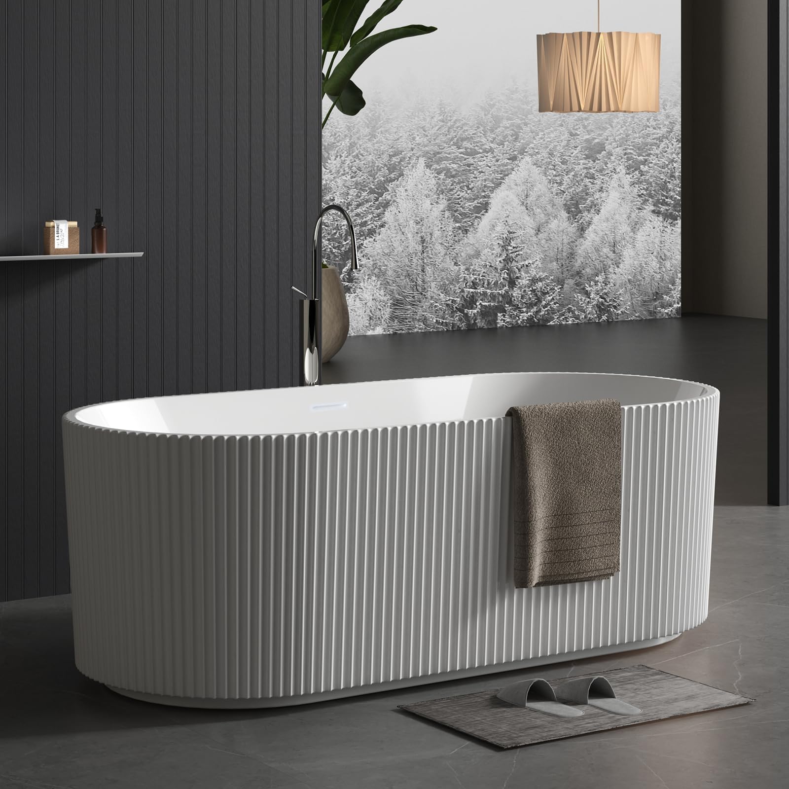 59" Acrylic Freestanding Bathtub, Deep Soaking Tub, Fluted Tub