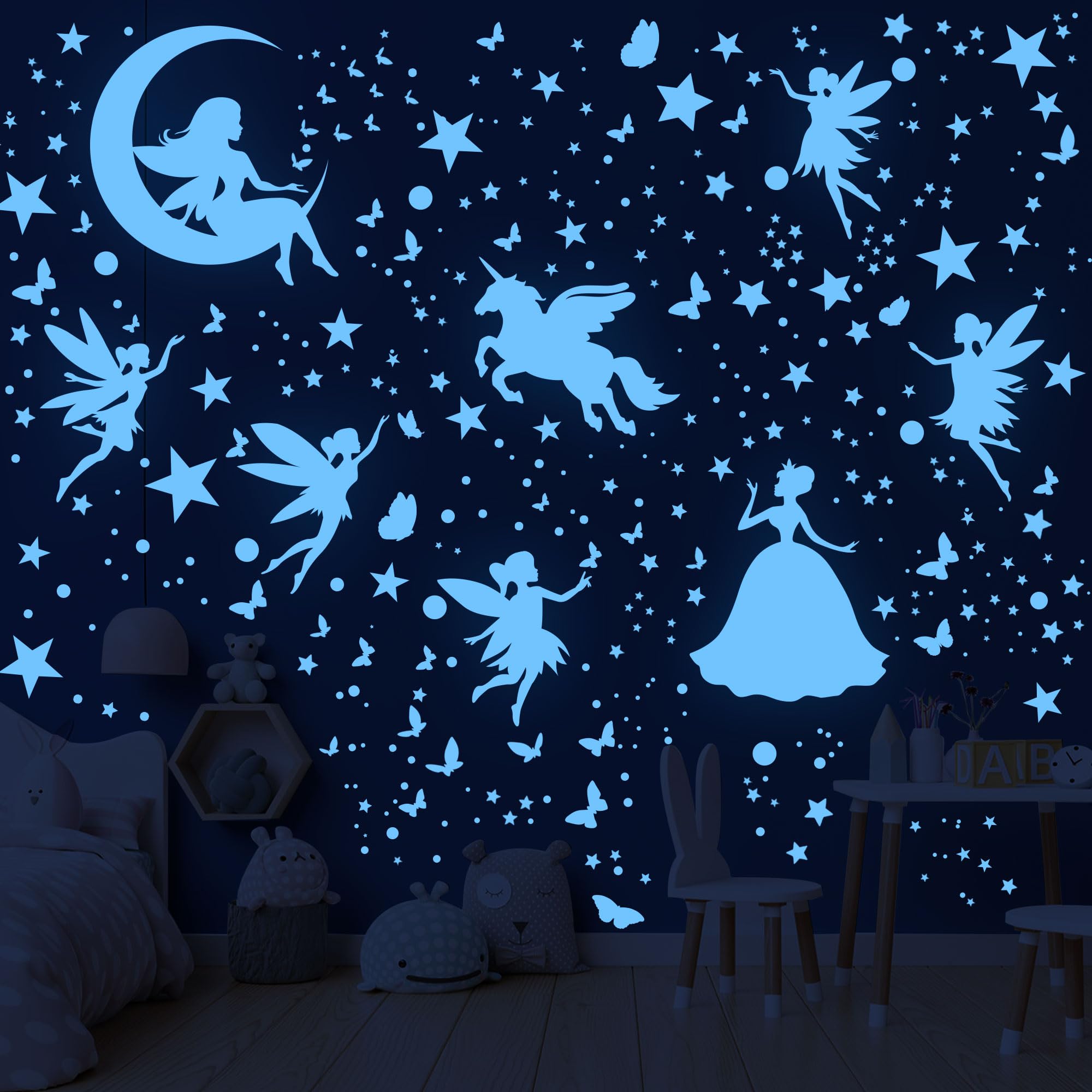 Glow in the Dark Stars Unicorn Bedroom Decor for Girls - Fairy Butterfly Wall Decals, Space Galaxy Wall Stickers for Ceiling, Kids Nursery and Living Room Wall Decor
