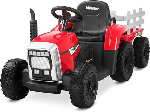Miniatura 7 de Kidzone Tractor eléctrico alimentado por batería para niños con remolque para montar en el suelo con 2 velocidades luces LED USB y Bluetooth Audio