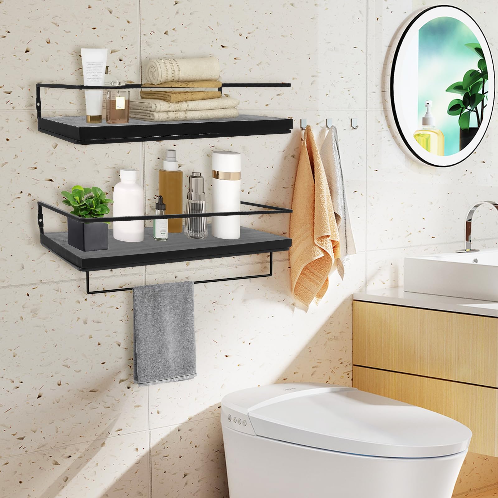 Qivine Lot de 2 Etagère Murale en Bois, Étagère Murale Bois avec Porte-Serviettes, 40 cm Etagere Murale Salle de Bain Flottante, pour Salon, Chambre d'enfant, Chambre à Coucher