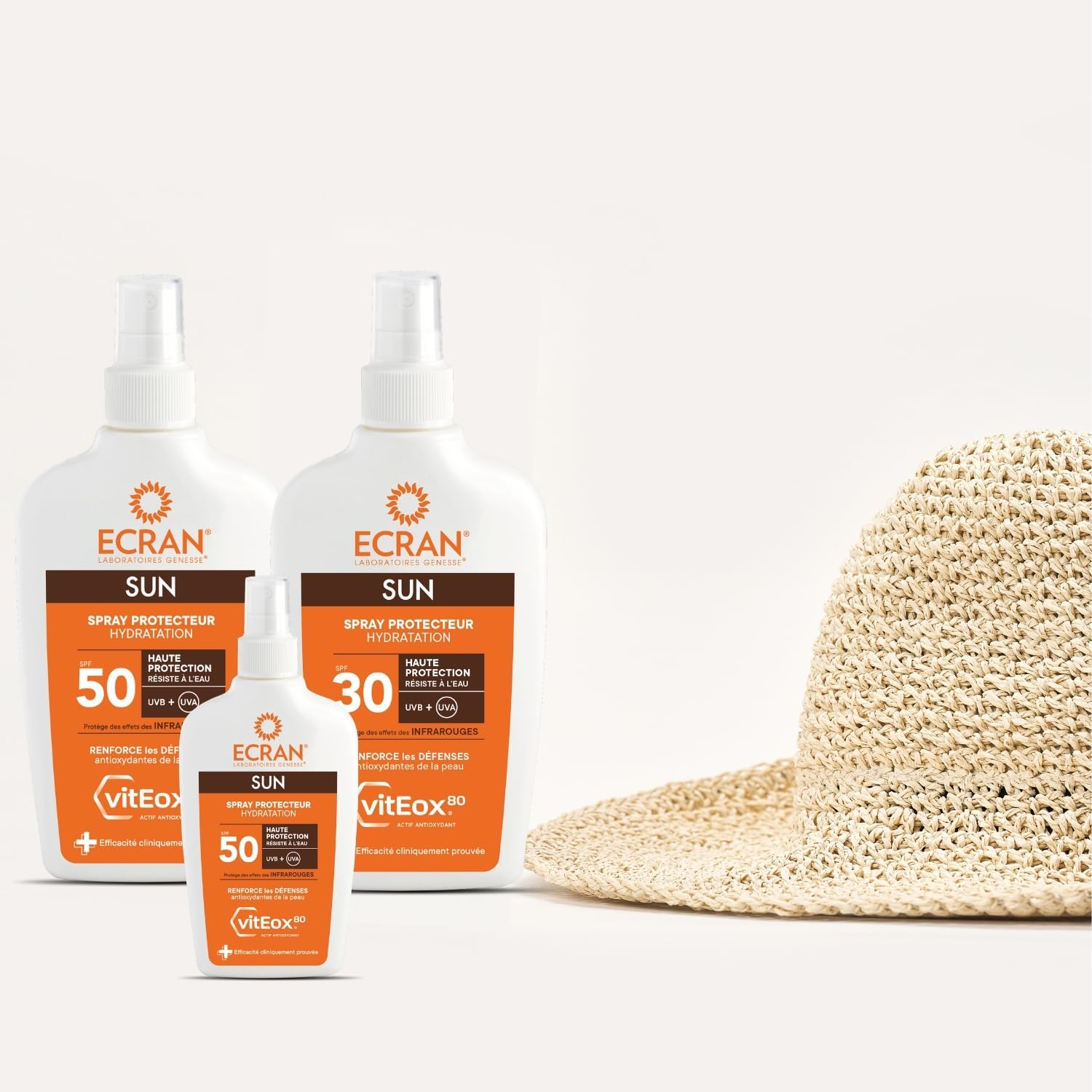 ECRAN® - Spray Protecteur Hydratant - Haute Protection - Technologie vitEox80 - Vitamine E - Protection UVA, UVB, Coups de Soleil - Protection Solaire SPF 50 - Bronzage naturel - Format Voyage
