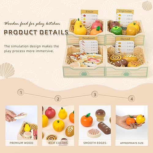 Miniatura 2 de Juegos de comida de madera para niños y niñas, juego de alimentos para jugar, juguetes para niños pequeños con bolsa de comestibles de malla y 4