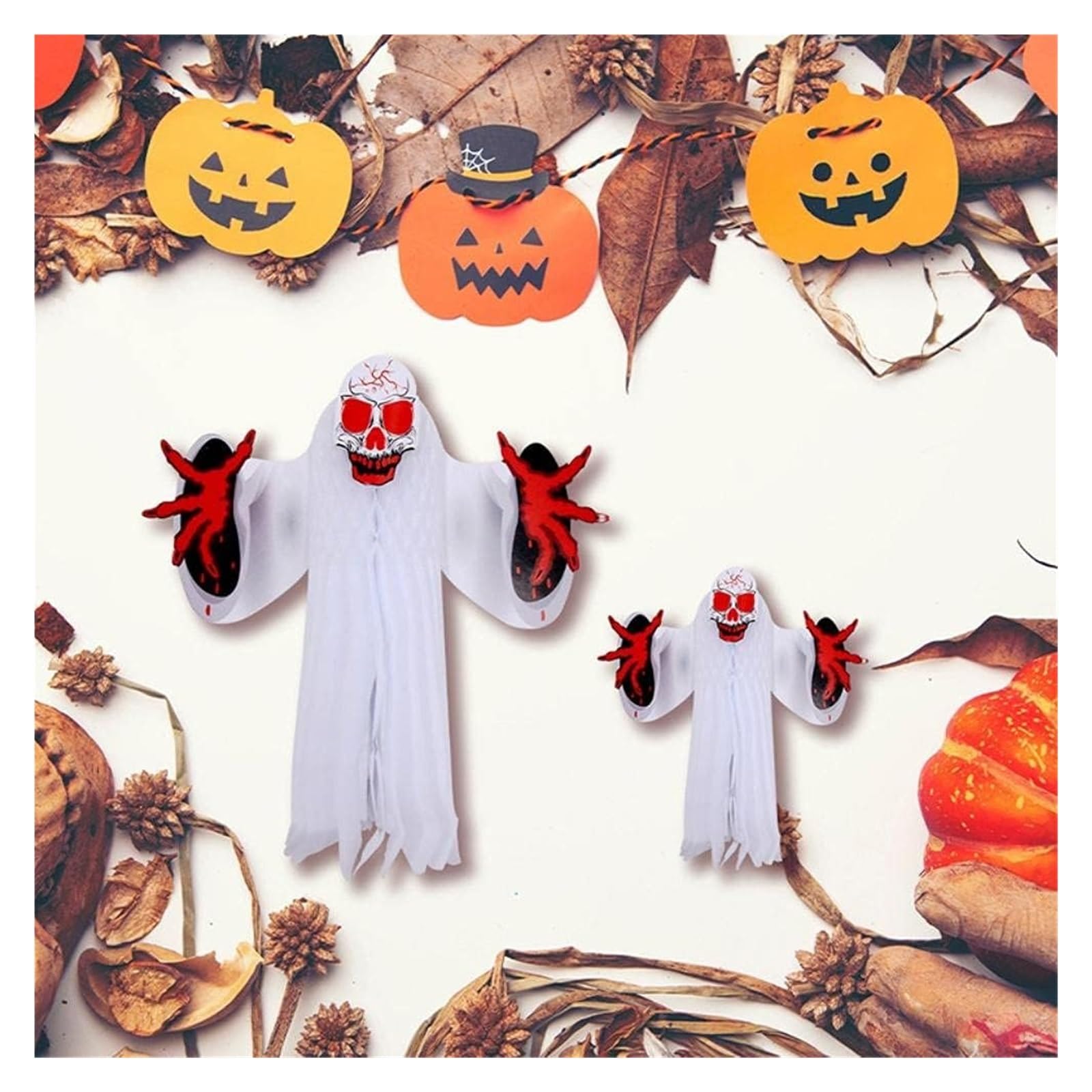 Oggetti di scena di Halloween spaventosi， Decorazioni da appendere a forma di fantasma di Halloween, spaventosi oggetti di scena in garza di stoffa appesi a forma di scheletro for la decorazione dell'