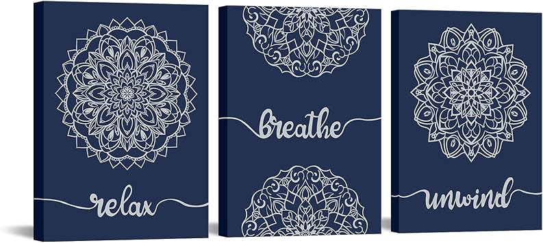 Zlove 3 Pieces Navy Blue Mandala Canvas Wall Art | 12x16 Inches, Relax Breathe Unwind Print, Bathroom Bedroom Decor