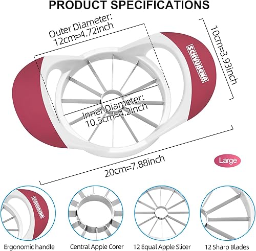 Vista 24 de SCHVUBENR Cortador de manzana grande de 4.72 pulgadas con 12 cuchillas, cortador profesional de manzana, descorazonador de manzana de acero Rojo