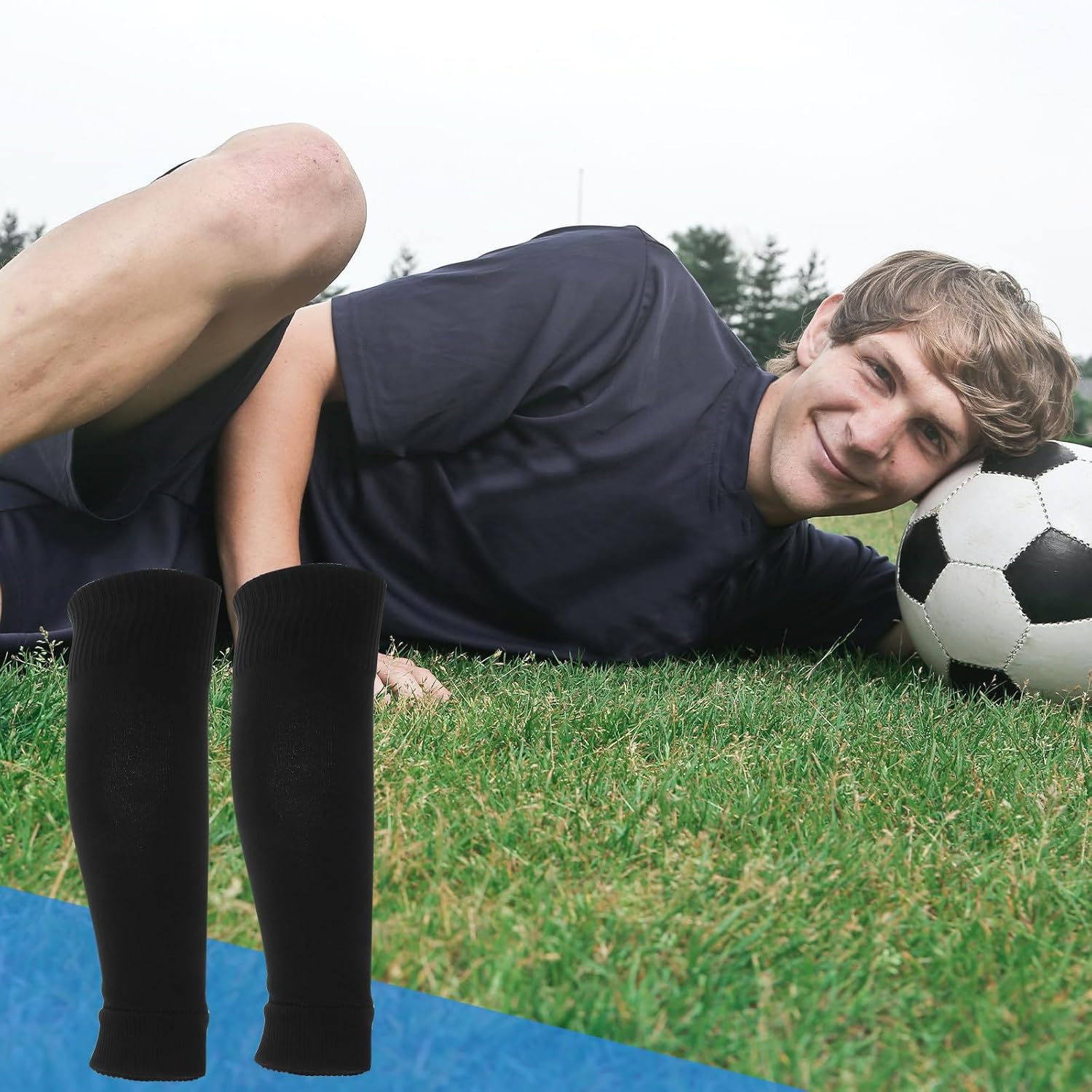 2 Pairs Breathable High Elastic Black Compression Leg Sleeves for Football Soccer Calf Support Socks, Skin-friendly Polyester Material for Exercise and Casual Wear, Pack