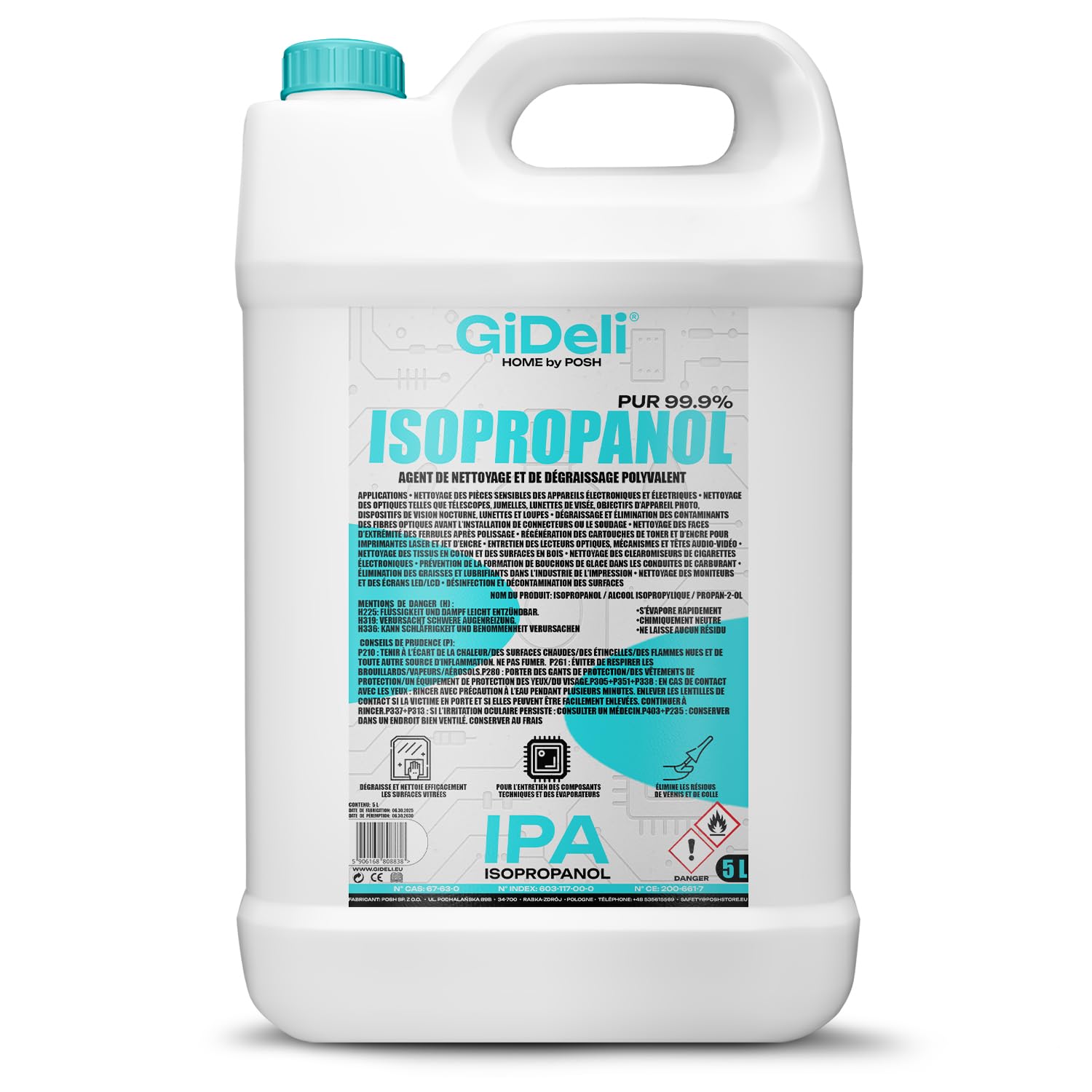 GiDeli Isopropanol 99,9 % 5 l – Nettoyant à haute teneur en alcool isopropylique – Alcool nettoyant pour électronique, accessoires d'imprimante 3D, verre, écrans et lentilles