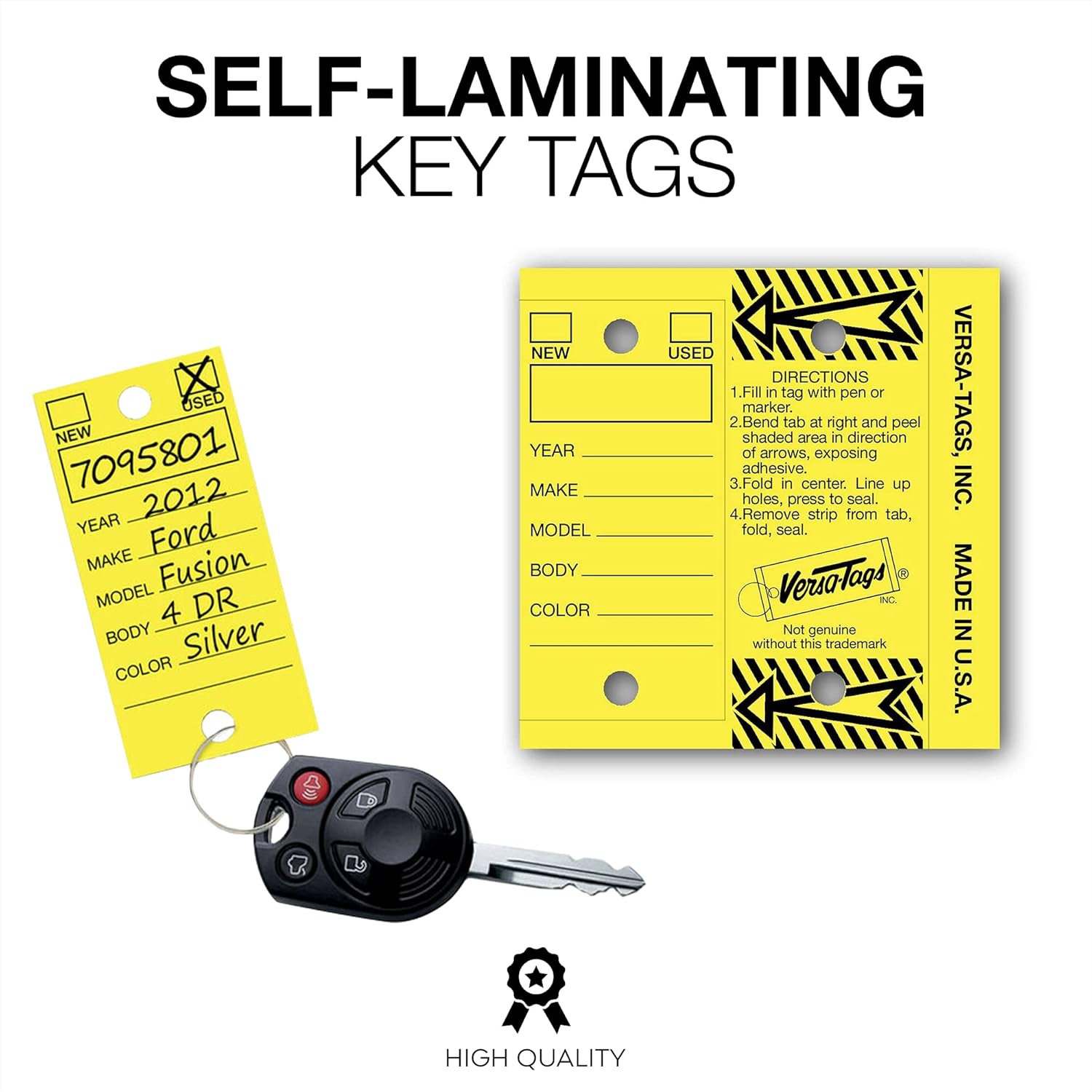 Genuine Versa Key Tags, Yellow, Self Protecting, 250 Tags with Metal Key Rings