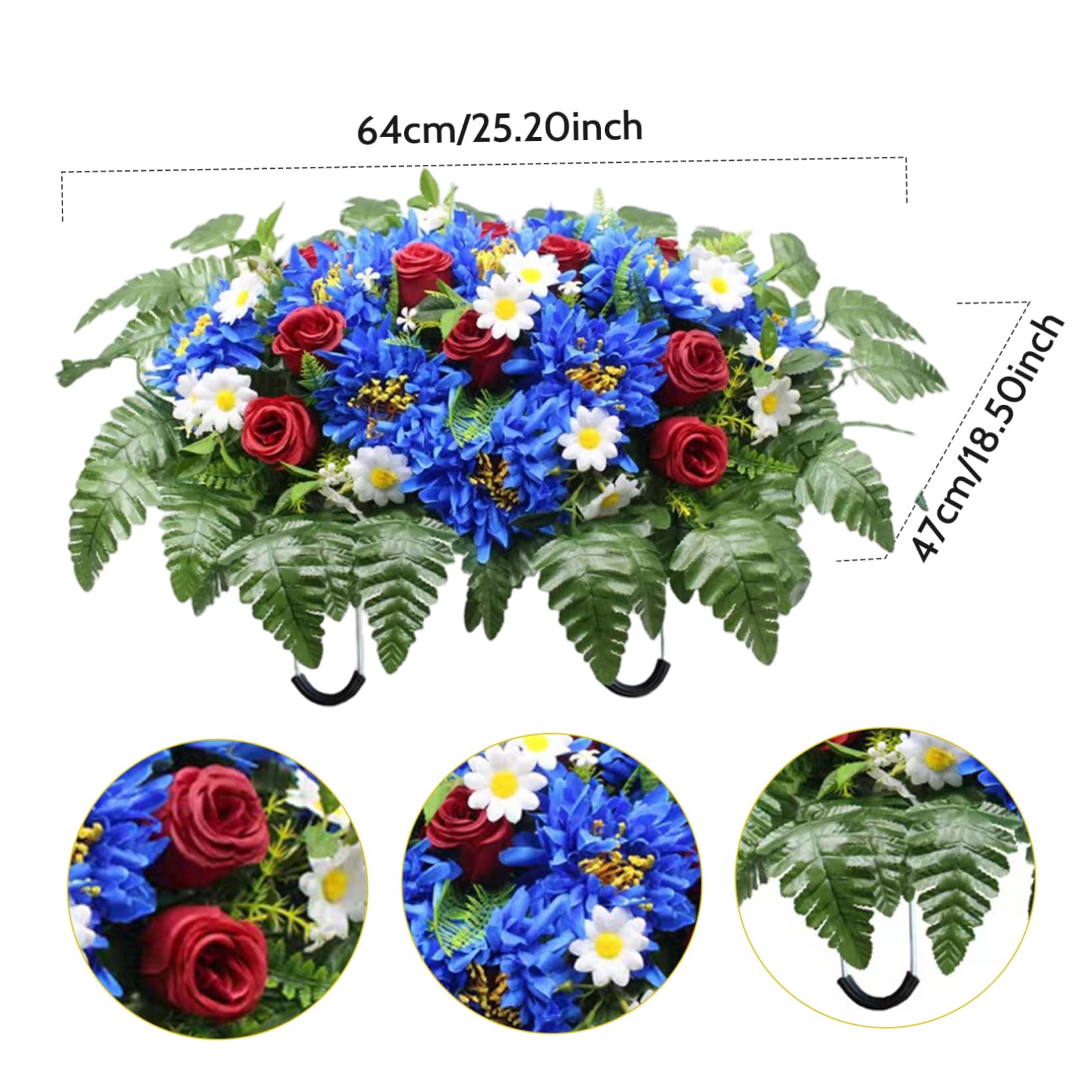 Selle de fleurs artificielles pour pierre tombale, fleurs de cimetière artificielles résistantes aux intempéries avec support commémoratif pour décorations pierres tombales extérieures, saphir