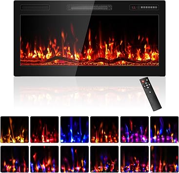 36" Black Ultra-Thin Recessed Electric Fireplace with 3D HD Flames & Remote