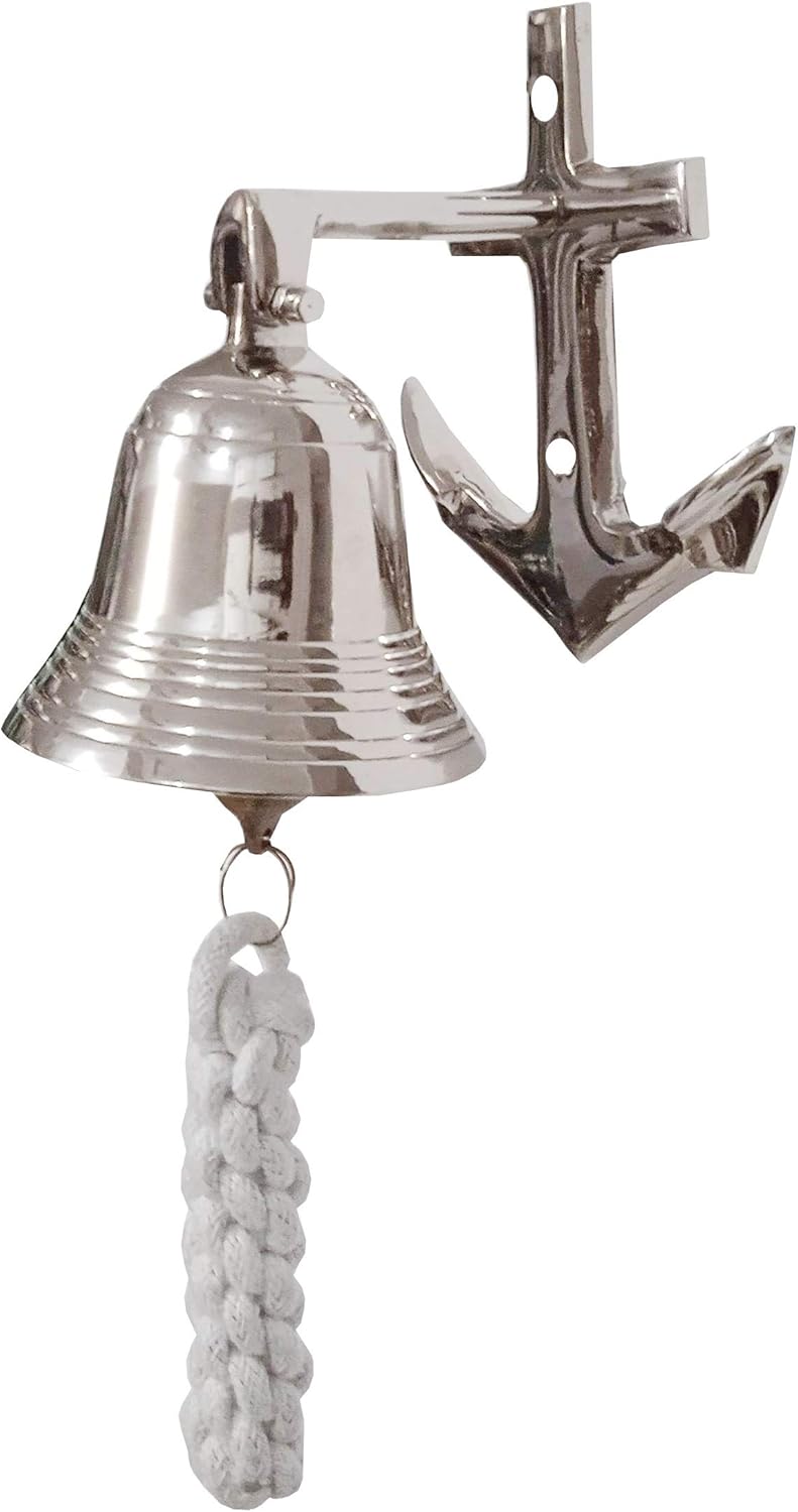 Purpledip Brass Nautical Bell with Anchor Mount: Pirate Ship Marine Wall Hanging, Silver (11403A)