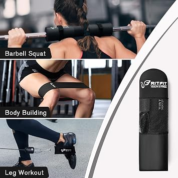 RitFit 7 Pcs Barbell Squat Pad Set, with Resistance Band, 2 Safety Straps, 2 Gym Ankle Straps & Carry Bag, Upgraded Neck & Shoulder Protective Pad Support for Squats, Lunges & Hip Thrust (Pink/Black)