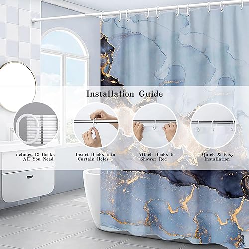 Miniatura 5 de Domoku Cortina de ducha de tela de mármol para decoración de baño, moderna, estándar de lujo, impermeable, lavable, 72 x 78, azul, azul cielo dorado