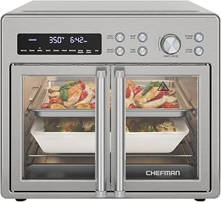 Horno tostador con freidora de aire Chefman de dos puertas, 10 en 1: freidora de aire, horno, asador, cocción lenta, 24 litros, capacidad para pizza de 30 cm o pollo de 1.8 kg. Acero inoxidable.