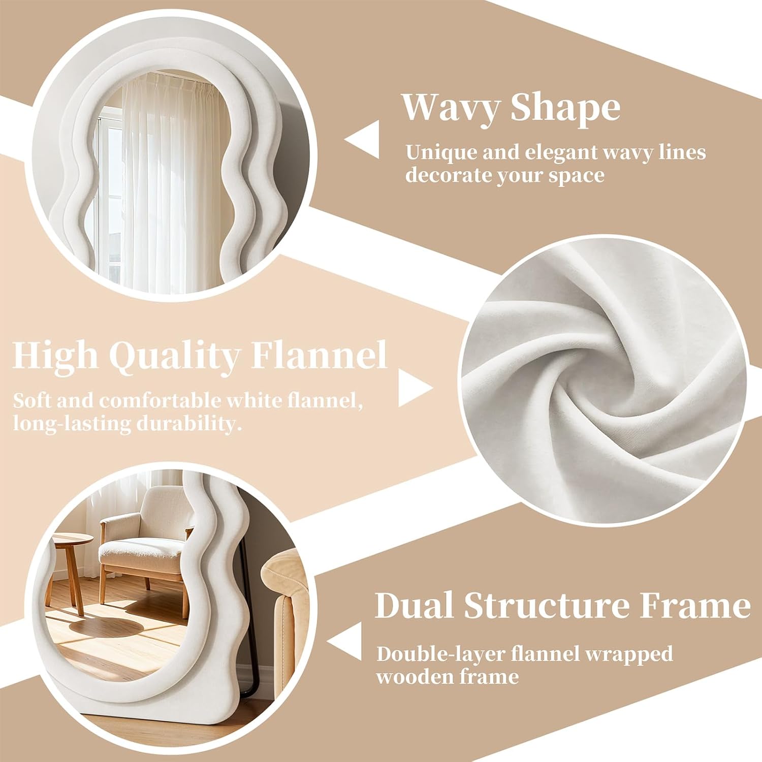 Wavy Full Length Mirror, 63"x24" Flannel Floor Mirror, Full Body Mirror with Stand, Large Mirrors Hanging or Leaning Against Wall for Bedroom Living Room, White