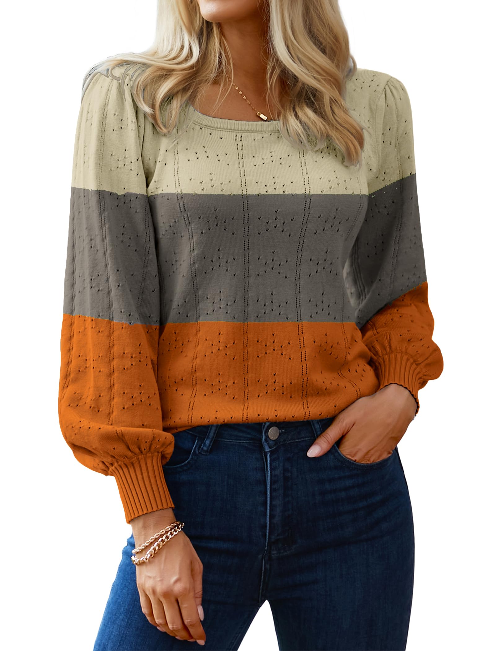 HOTOUCH Sweaters for Women 2025 Summer Trendy Tops Casual Puff Sleeve Square Neck Cute Tunic Pullover Blouses Shirts XS-XXL