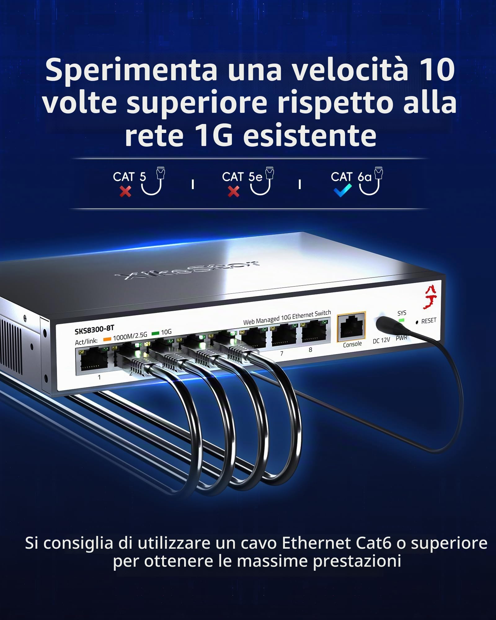 Switch 10G Managed Multi-Gigabit a 8 porte | 8 porte RJ45 10G, supporto VLAN/LACP/QoS, gestione Web, IPv4/IPv6, routing L3, per reti NAS/Gaming/Ufficio