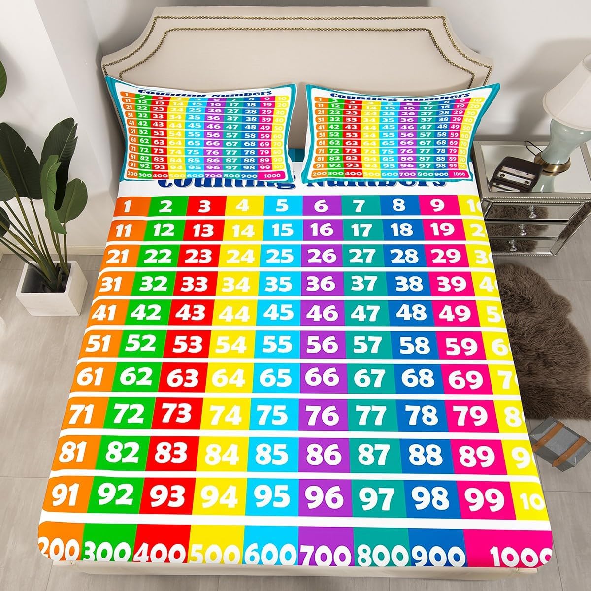 Numbers Alphabet Fitted Sheet Queen, Educational Learning Bedding Set for Kids Boys Girls Numbers Bed Sheet Set Learning Time Bed Cover (2 Pillow Cases and a Fitted Sheet)