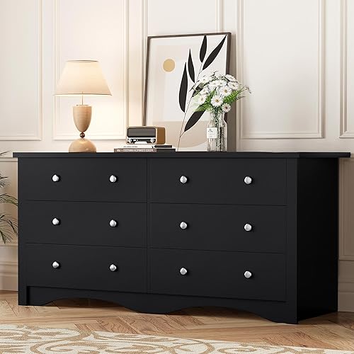 YESHOMY Black Dresser, 6 Drawers Dresser for Bedroom, Modern Chest of Drawers, Wooden Dressers, TV Stand for Living Room,Closet, Hallway