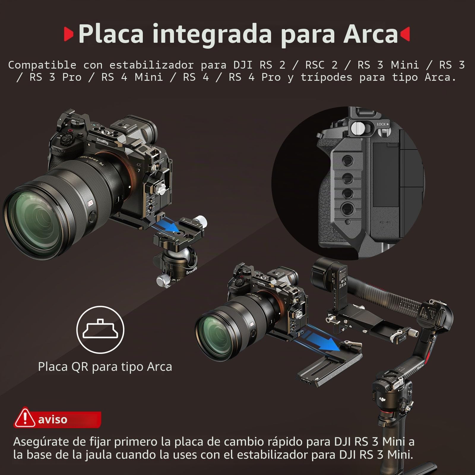 SMALLRIG Jaula HawkLock de Liberación Rápida para Sony Alpha 7 V/7R V/7 IV, con Placa QR para Arca, Riel NATO, Enchufe QD y Zapata Fría, Compatible con Estabilizadores dji RS - 6024