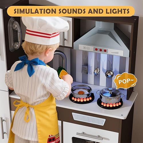 Miniatura 6 de JOYDIAS - Juego de cocina para niños, juego de cocina de madera con sonido y luz, horno, máquina de hielo, pizarra y caja de almacenamiento de