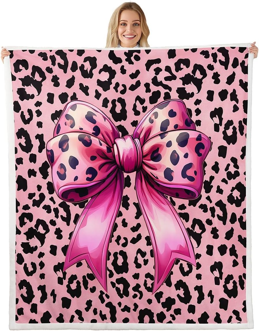 Pink Leopard Print Throw Blanket Boys Girls,Pink Bow Tie Butterfly Knot Princess Fuzzy Blanket All Seasons Bed Blanket,Cartoon Bowknot Plush Blanket Soft Warm Bed Throw,Twin (60 x 80 Inches)