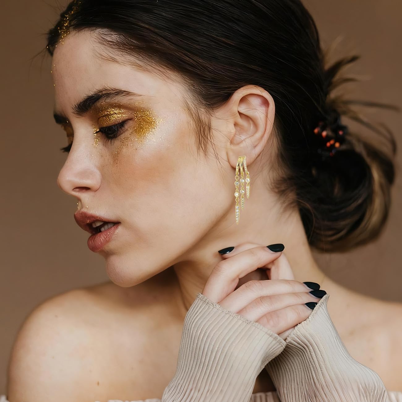 Emibele Huggie Dangle Earrings for Women, Non Tarnish Triple Hoop Drop Earrings with Cubic Zirconia, Trendy Hypoallergenic Long Chain Huggie Earrings Fashion Jewelry Gifts - Image 3