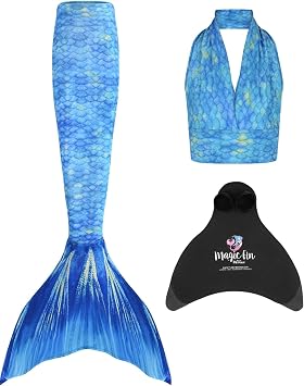 Mermaid Planet Woman's 3 Piece Vivid Colour Swimming Mermaid Tail, Top & Wear-Resistant Magic Fin Monofin.
