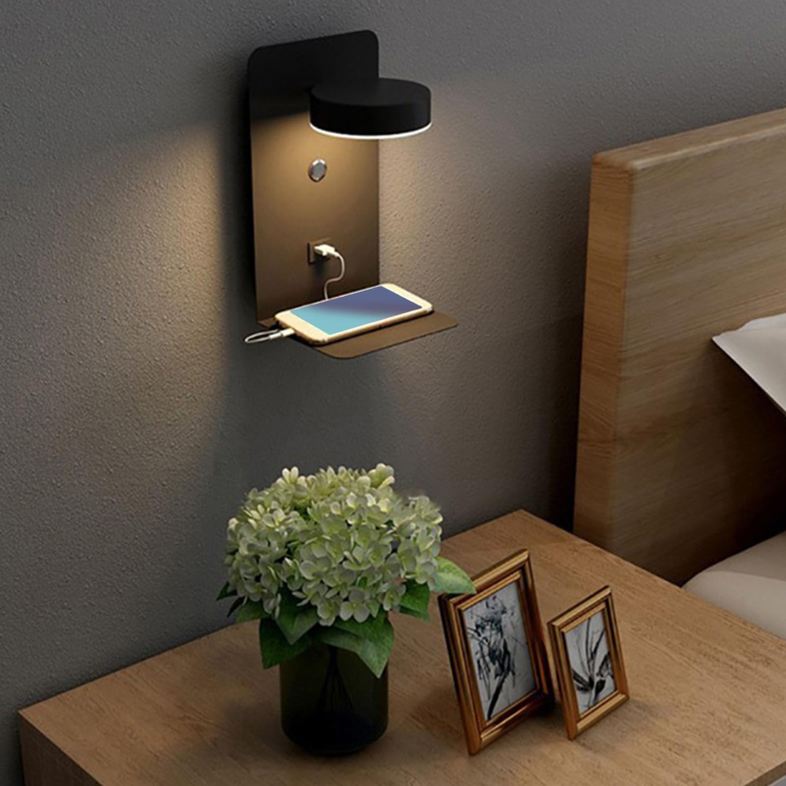 Luz de Pared LED Enchufable, Cabezal de Lámpara Giratorio de 350 Grados con Puerto de Carga USB 12W SMD 2835LED para Luz Nocturna de Dormitorio