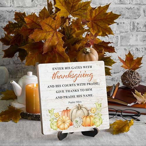 Miniatura 3 de Letrero de escritorio con cita de otoño, con texto en inglés "Enter His Gates With Thanksgiving Wooden Plate Sign with Thanksgiving con soporte,