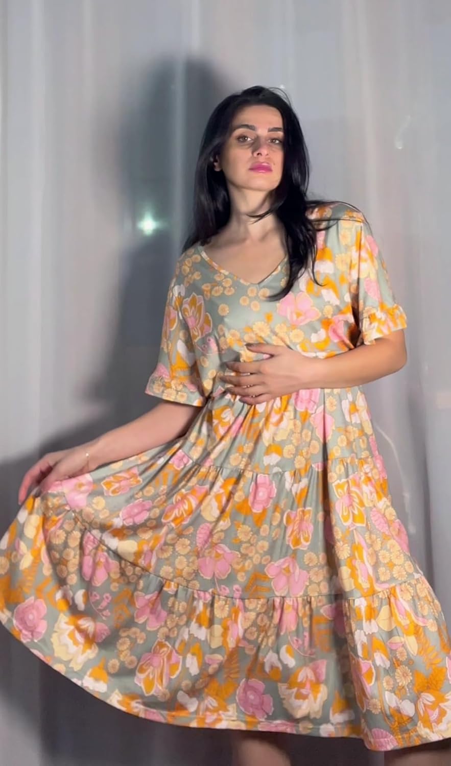 IN'VOLAND Plus Size Boho Dresses for Women Midi A Line Dresses Loose Fit Swing Floral Beach Tropical Print Dress - Image 2