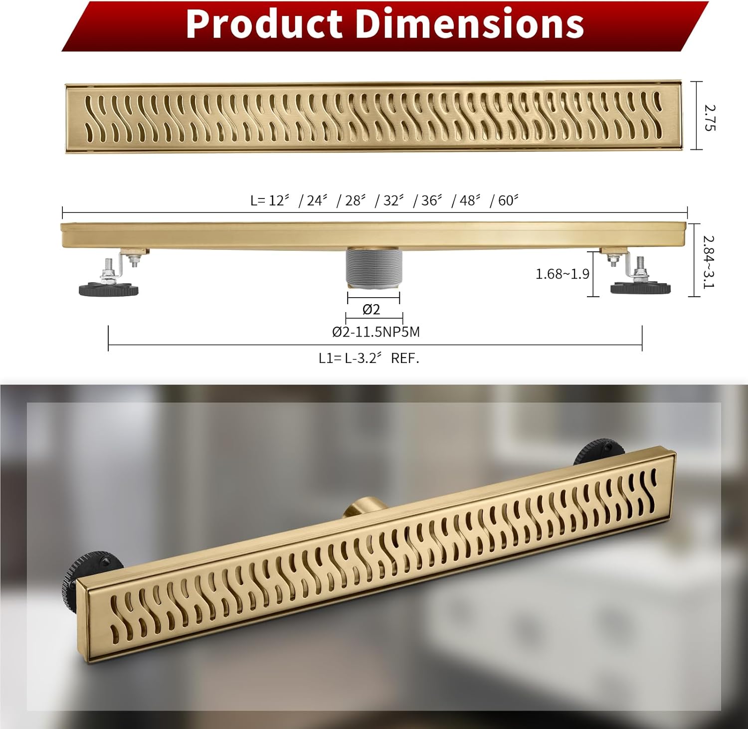 Sharp-tec Linear Shower Drain, 28inch Shower Drain with Removable Pattern Cover, Brushed Gold 304 Stainless Steel Rectangle Floor Drain, Adjustable Feet and Hair Strainer Included