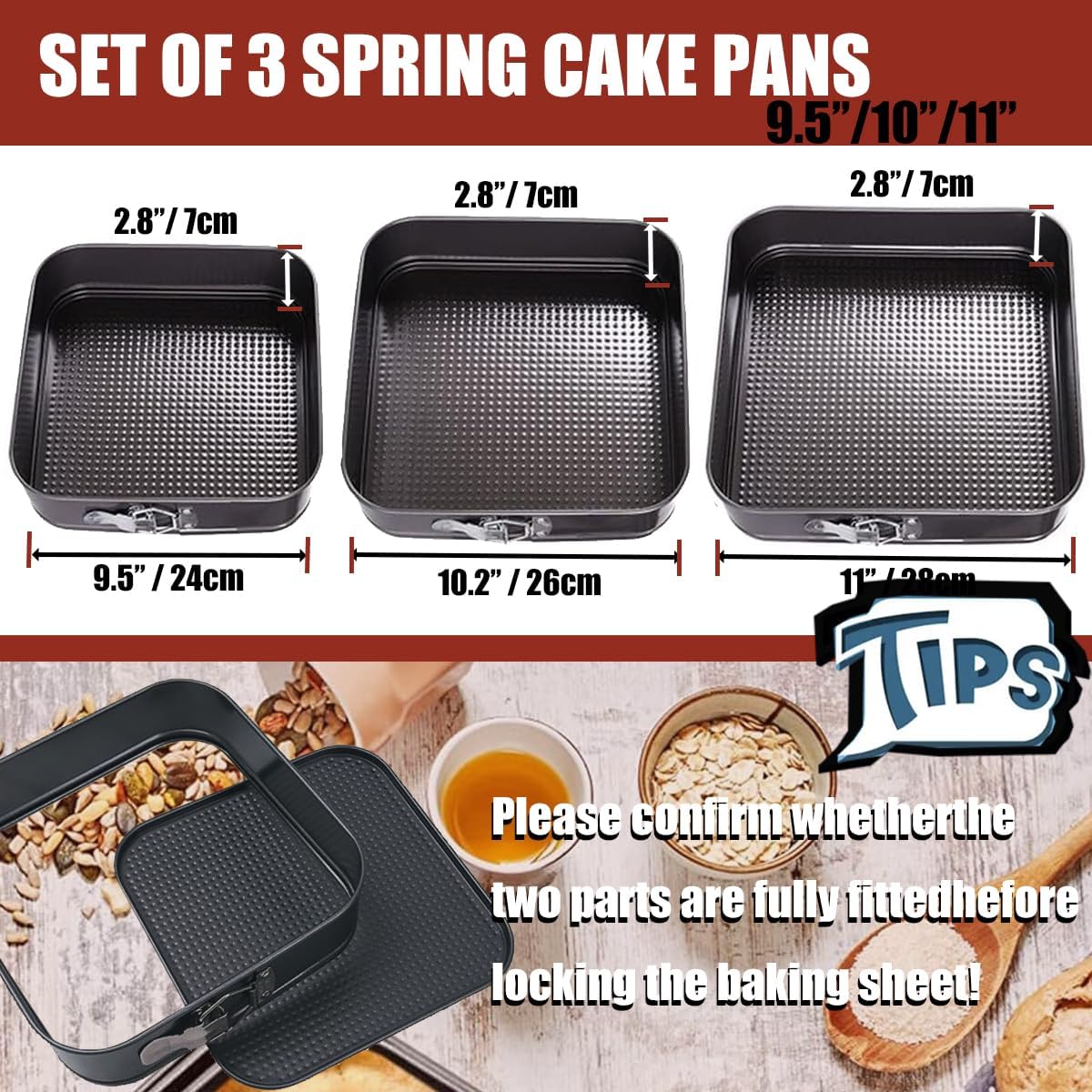 Springform Pan Set, 9.5/10/11Inch Square cake pans, Nonstick Bakeware Springform, Leakproof Cake Pans with Removable Bottom for Baking, Cheesecake Pan (Square, 9.5/10/11 inch)