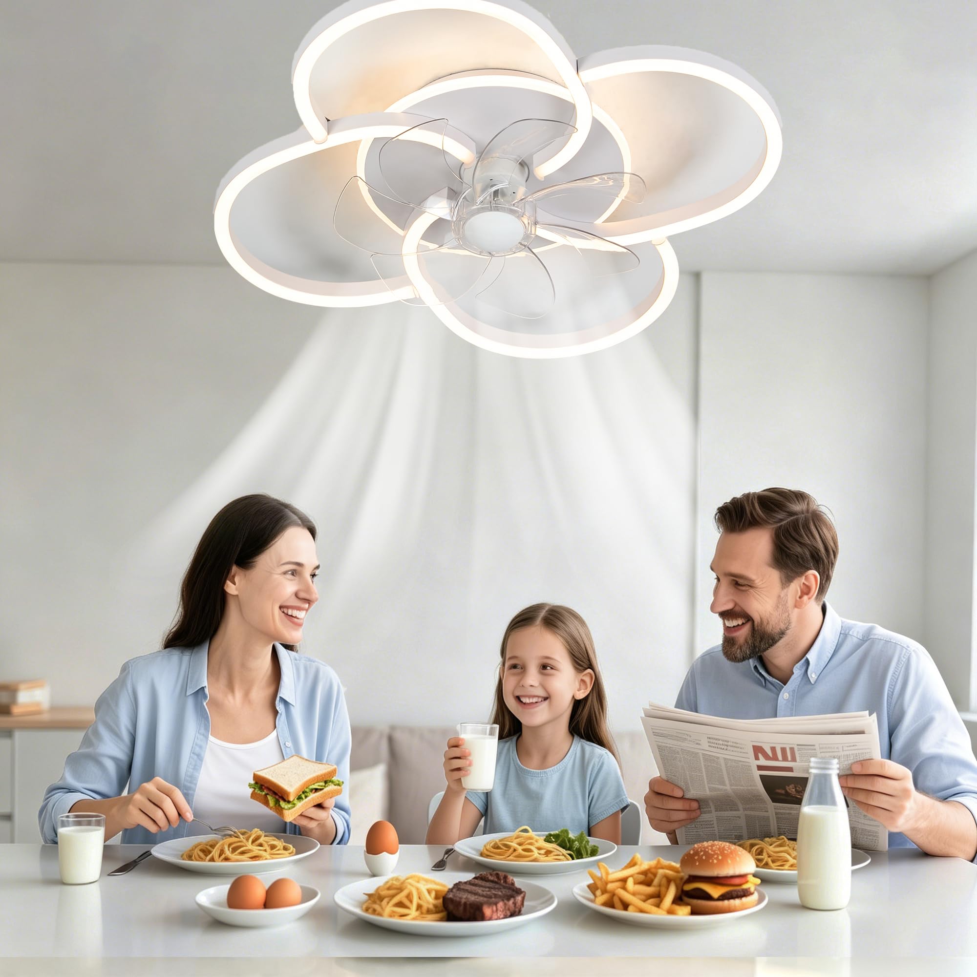 53cm Ventilatore da Soffitto con Luce, 6 Velocità Silenzioso Lampada Ventilatore da Soffitto con Telecomando per Camera da Letto, Cucina, Soggiorno, Bianco, 49W