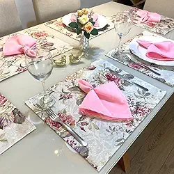 Jogo Americano Tecido 4 Un + 4 Guardanapos + 4 Porta Guardanapos (Florido c/Guard. Rosa)
