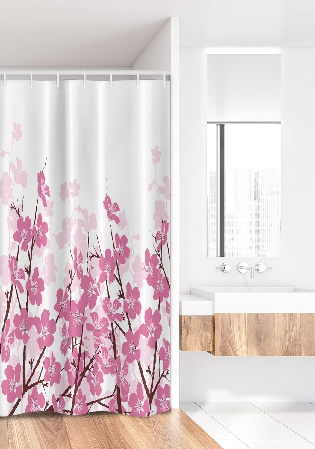 Ambesonne Asian Stall Shower Curtain, Japanese Cherry Blossoms Sakura Branches Spring Flower Garden Illustration, Fabric Bathroom Decor Set with Hooks, 36" W x 72" L, White Pink