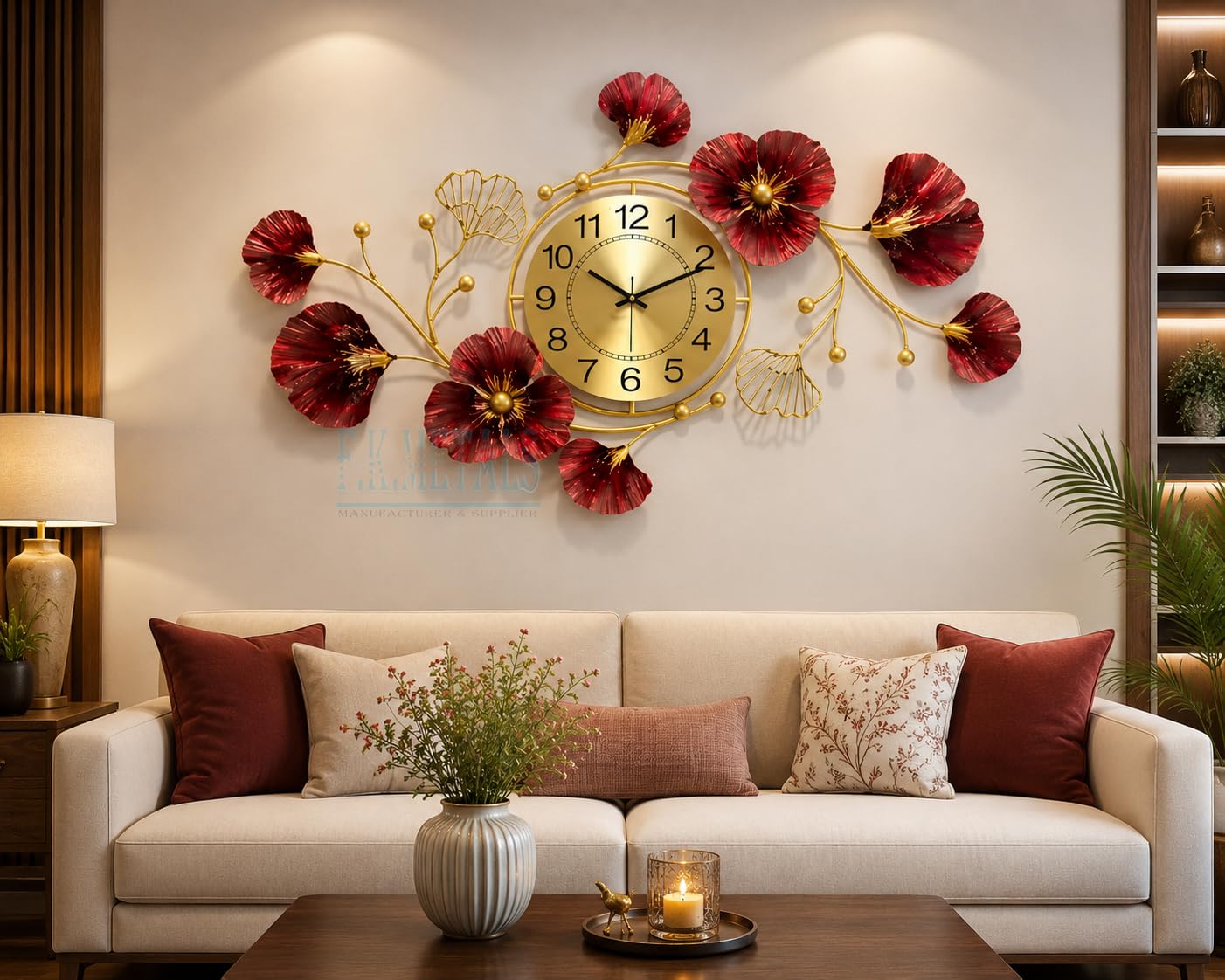 MK Craft and Decor Large Metal Wall Clock for Home Decor | New Floral Design Decorative Wall Clock | Premium Metal Wall Art | Red & Gold Finish-image-18