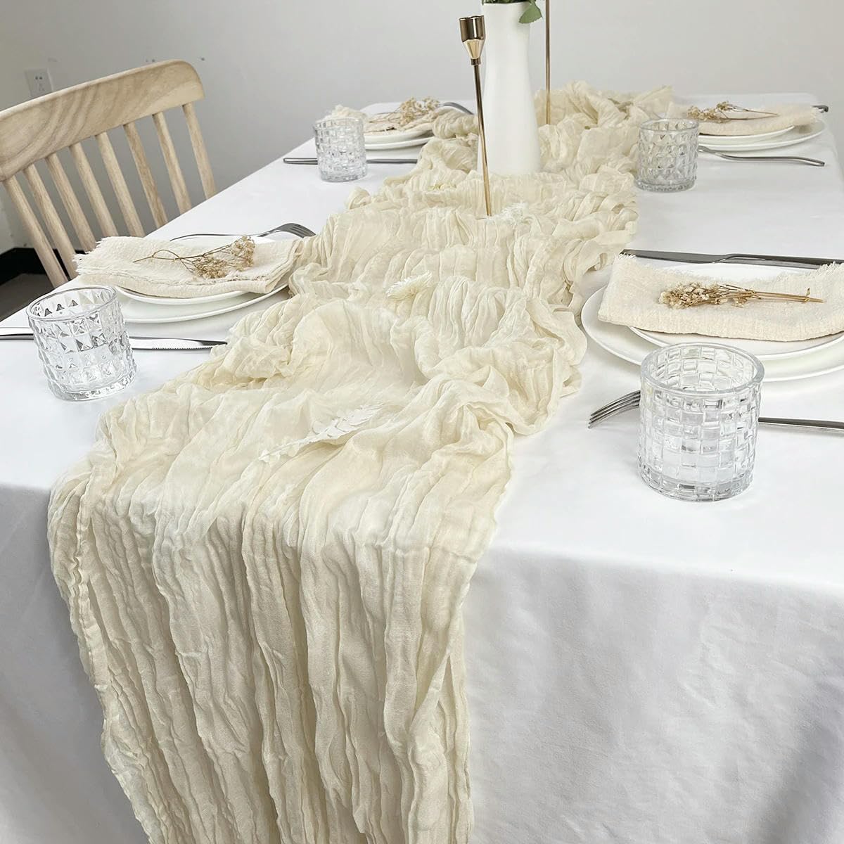 Chemin de table Runne en mousseline semi-transparente en gaze froissée pour salle à manger, fête de mariage, banquet, arche