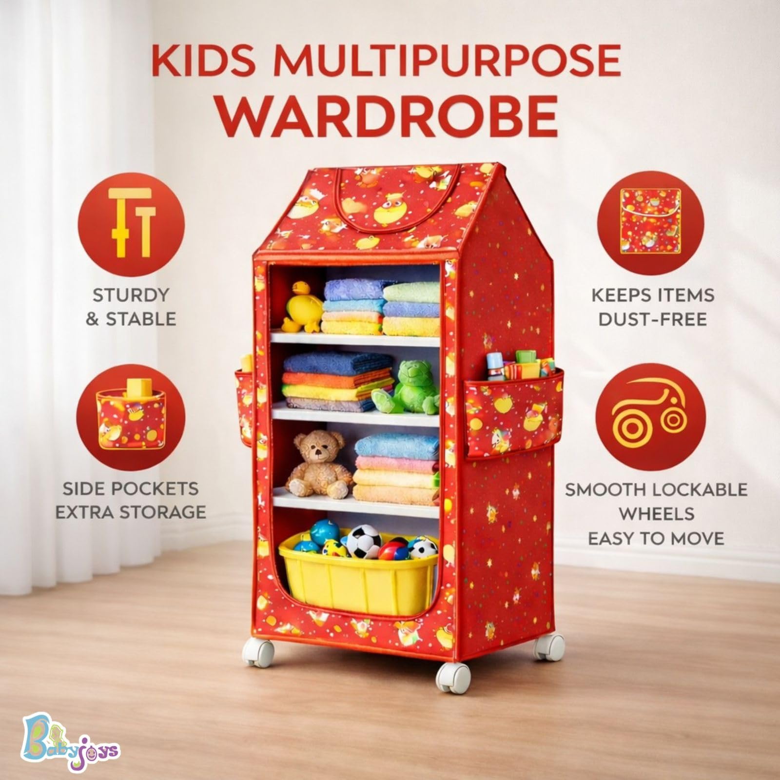 Babyjoys Multipurpose Baby Wardrobe Organizer with 5 Shelves | Baby Clothes Organizer & Storage | Baby Almirah/Almera Plastic Cupboard for Clothes, Foldable (Unbreakable Material) | Cherry Red 1