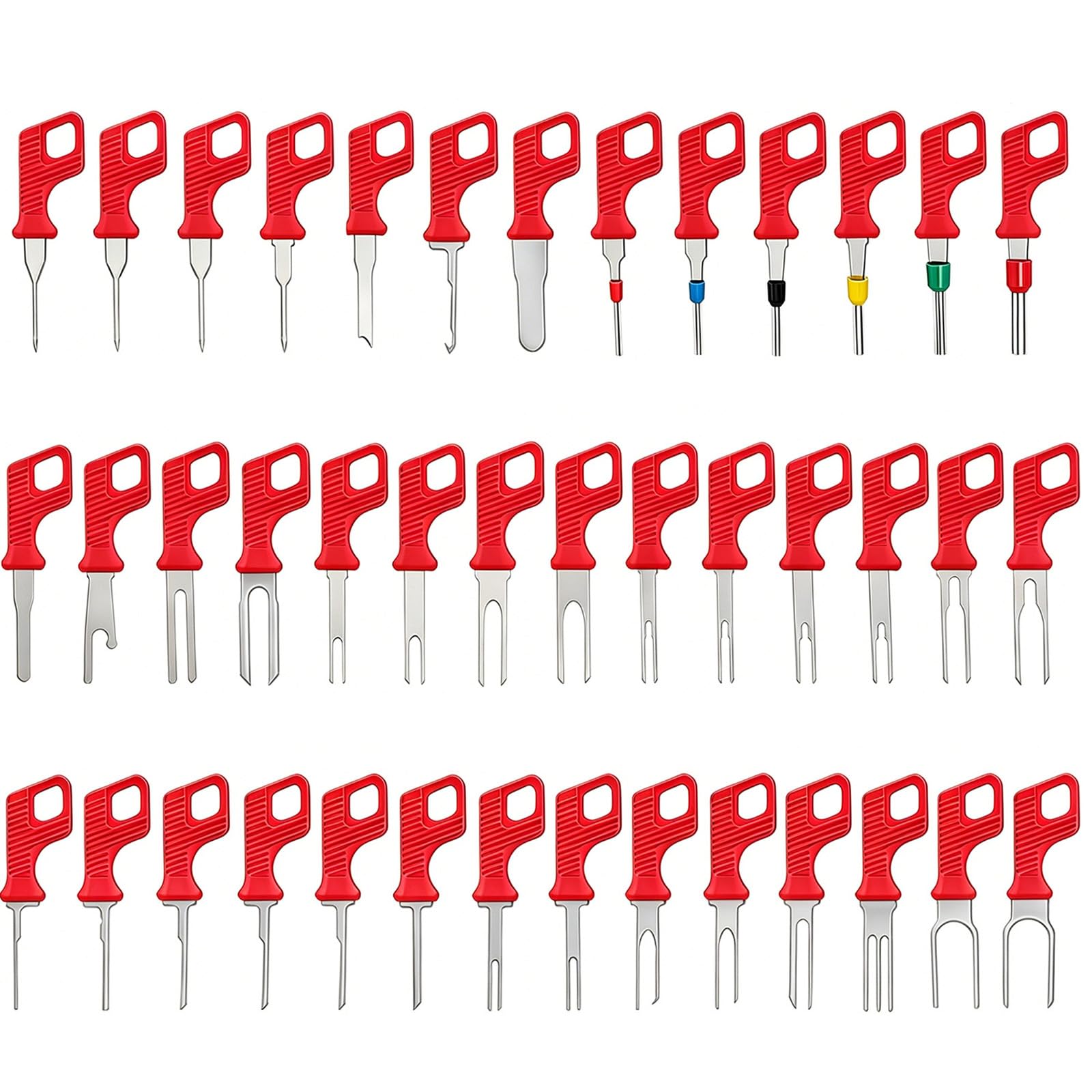 Kfwfuaee 41 Piece Set Terminal Extractor Tool Set For Automotive Wiring Repair With Mixed Pin Removal Tips And Red Grip Handle Design Depinning Pin Release Extractor Sleeve Fork Pick Connector Harness Repin Wiring