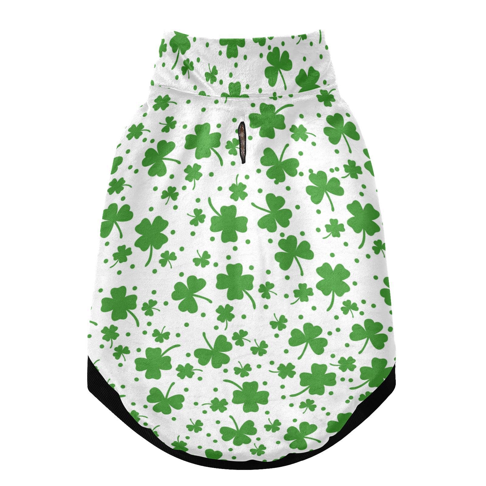 Seamless St Patrick s Day Green Shamrock Clover Lucky Leaves on White Pet Winter Vest Coat with Hanging Holes, Windproof Fleece Extra Warm Dog Cat Jacket Sweater Clothes Apparel for Cold Weather S