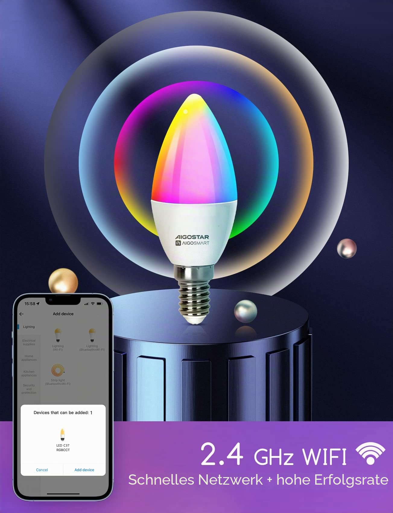 Aigostar Alexa Glühbirne E14 SL2 Smart Lampe 6.5W WLAN Lampe LED RGBCW 2700-6500K Dimmbare, Mit Musik synchronisieren, App Steuern Kompatibel mit Alexa/Google Home, Kein Hub notwendig, 6 Stücke.